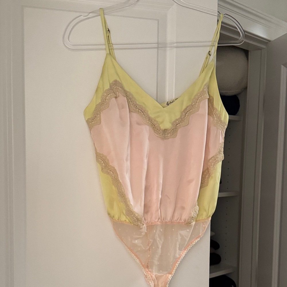 Free People Yellow and Pink Lace Satin Bodysuit